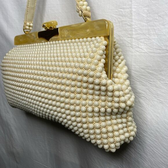 Vintage JEM Handbag Lucite Beaded Hand-Made British Hong Kong Cream Mid Century - Picture 3 of 16